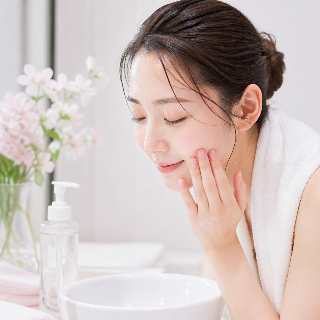 マツエクを長持ちさせるためにオイルフリーのクレンジングでやさしく洗顔している女性のイメージ