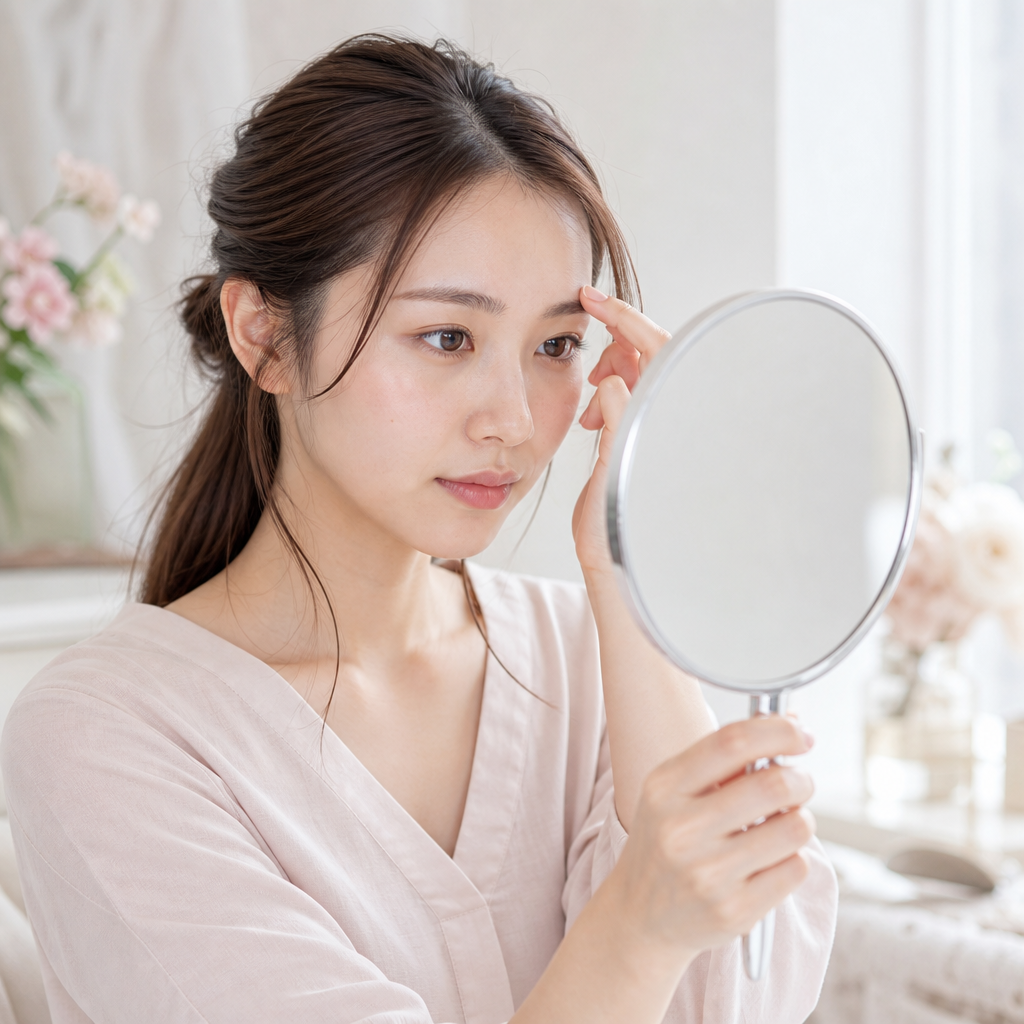 手鏡で自分の眉毛の左右差を確認している女性のイメージ