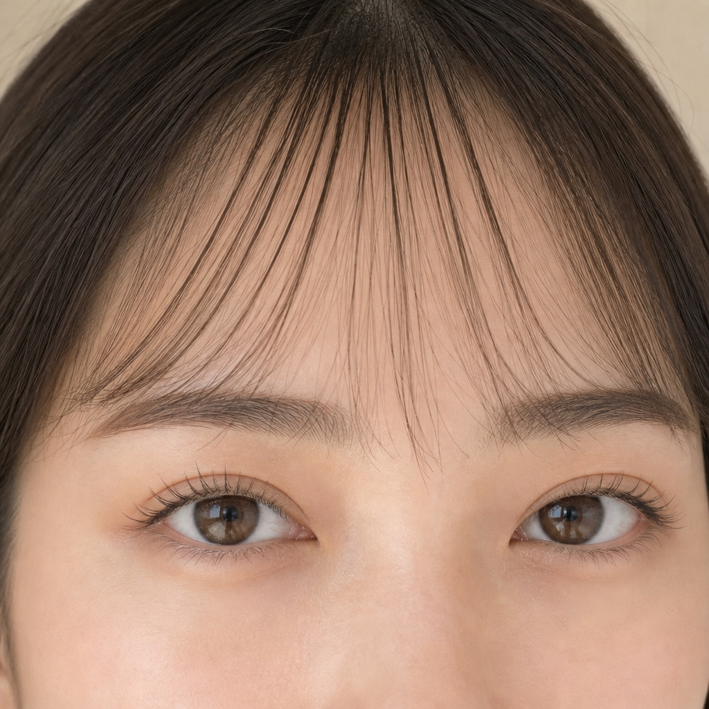 眉毛の上で止まる軽い前髪と、前髪に触れない根元から自然に立ち上がったナチュラルなまつげ、前髪の下に輪郭の整った眉毛のイメージ