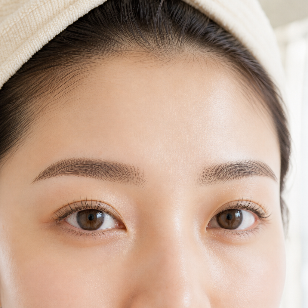 洗顔後に髪をタオルでまとめ、根元から自然に立ち上がったまつげと輪郭の整った眉毛が全部見えているすっぴんの目元のイメージ