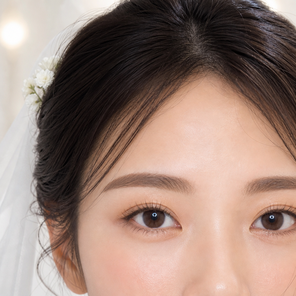 結婚式の花嫁に合わせて整えたナチュラルな目元のイメージ（根元からゆるやかに立ち上がったまつげと輪郭の整った眉毛）