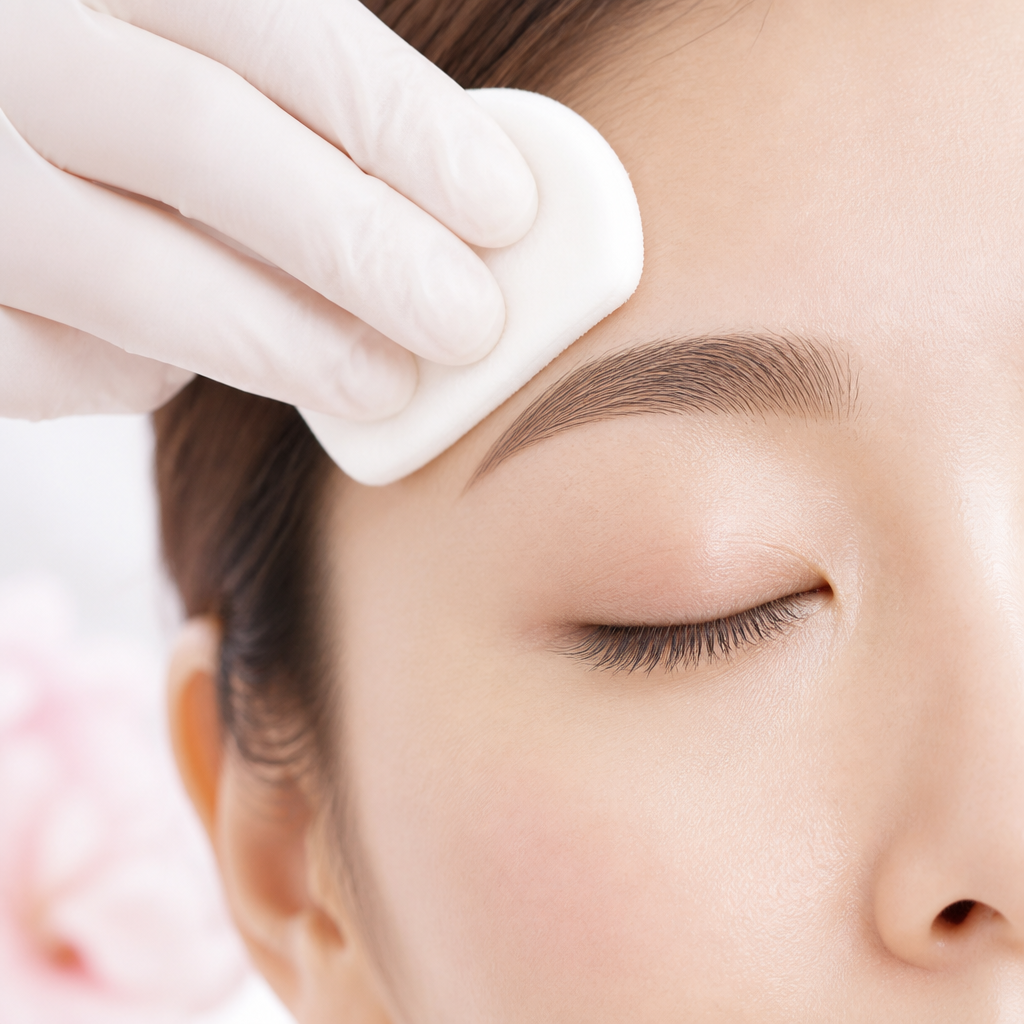眉毛WAX脱毛後に眉の上をやさしく冷やして赤みを落ち着かせているイメージ