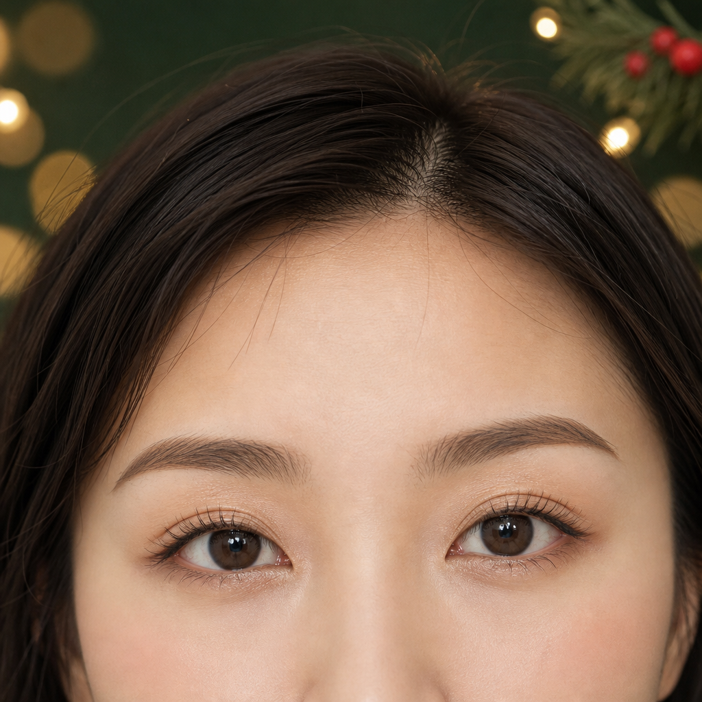 クリスマスパーティーのドレスアップに合うナチュラルで華やかな目元のイメージ(根元から立ち上がったまつげと輪郭の整った眉毛・まぶたに細かいパールのパーティーメイク)