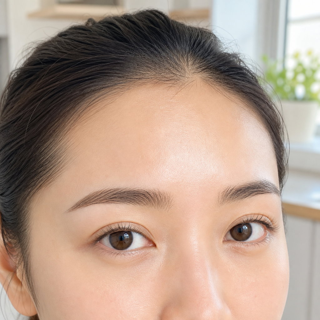 キッチンの窓辺で髪を後ろにまとめ、根元から自然に立ち上がったまつげと輪郭の整った眉毛が全部見えているすっぴんの目元のイメージ
