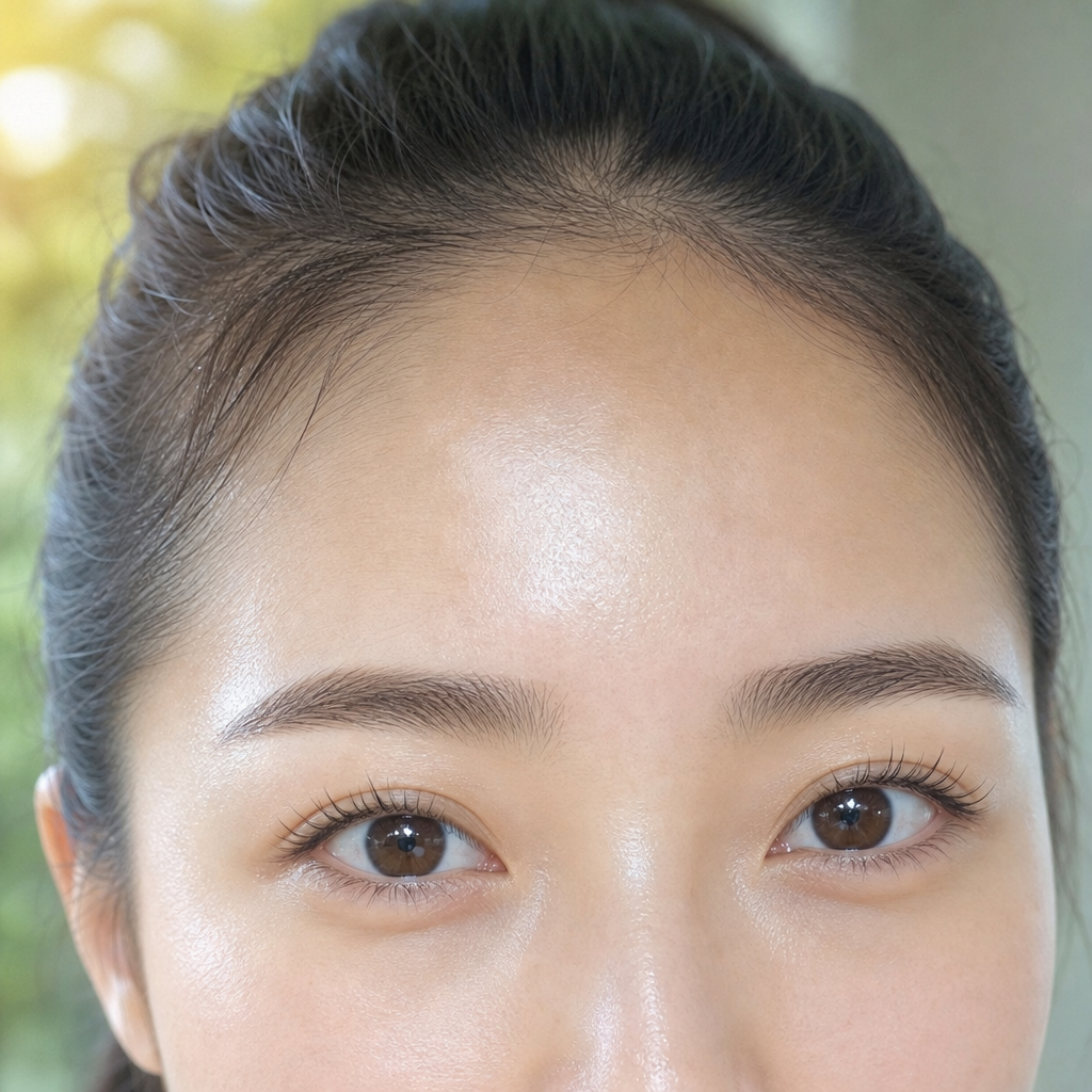 運動のあとでも整って見えるナチュラルな目元のイメージ（根元から立ち上がったまつげと輪郭の整った眉毛・すっぴんの健康的な肌）