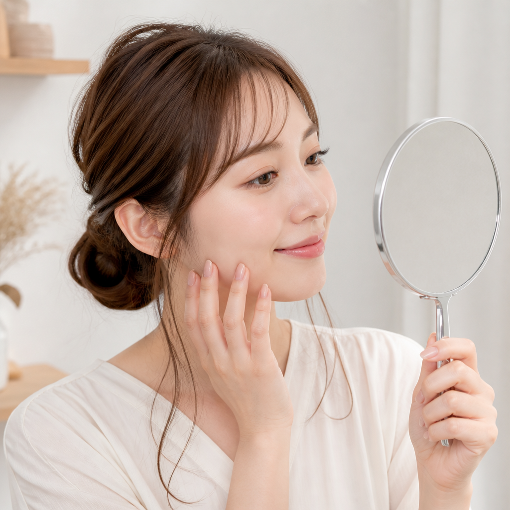 フラットラッシュの仕上がりを鏡で確認する女性のイメージ
