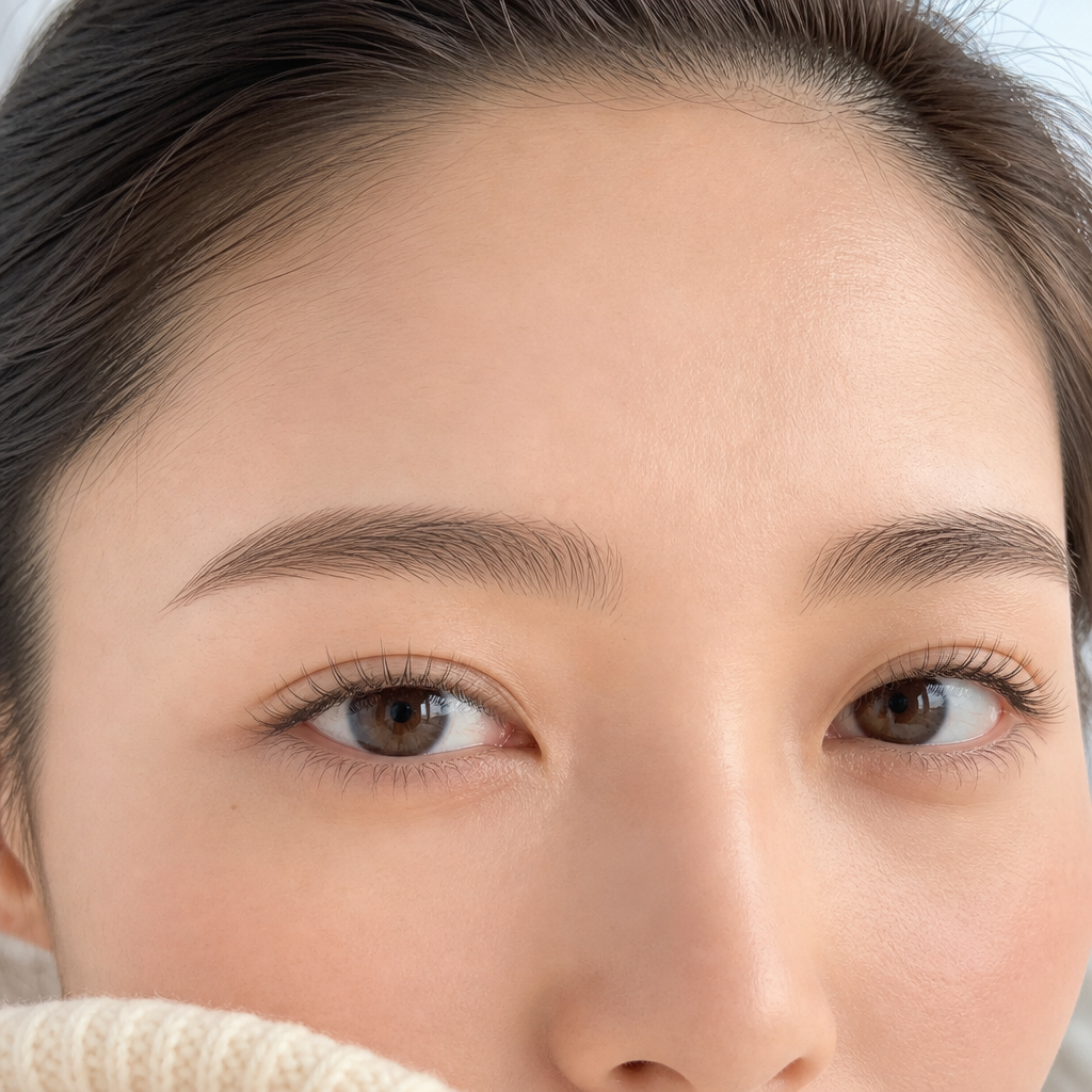 手袋やミトンの繊維とハンドクリームの油分に触れない、根元から自然に立ち上がったナチュラルなまつげと、指で直さなくてもきれいな輪郭の整った眉毛のイメージ