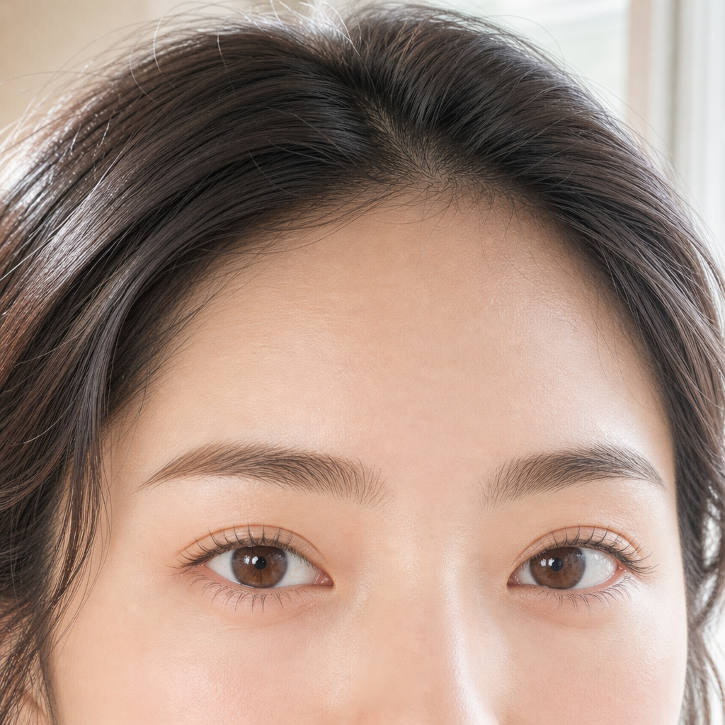 美容室で整えたツヤのある髪を額から後ろに流し、根元から自然に立ち上がったまつげと輪郭の整った眉毛が全部見えている目元のイメージ
