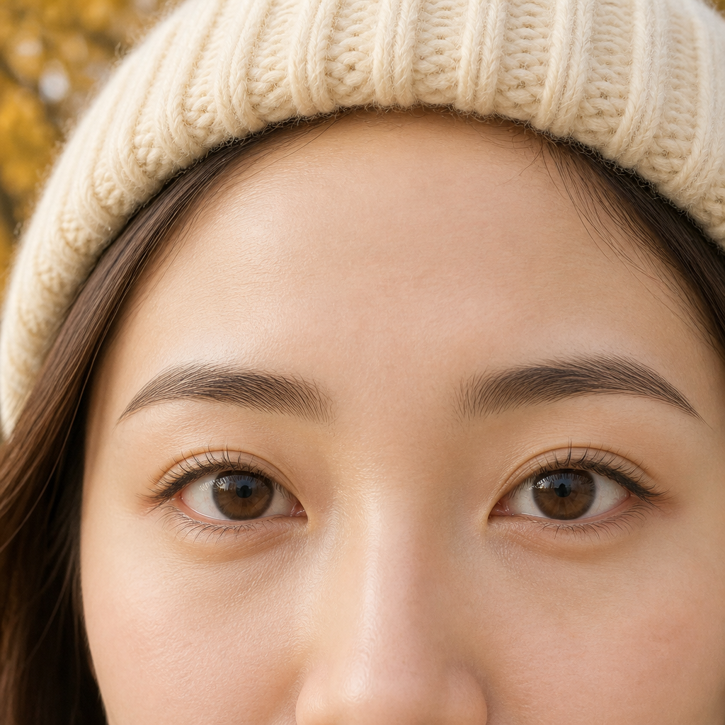 眉毛の上で止めたニット帽の縁と、縁に触れない根元から自然に立ち上がったナチュラルなまつげ、縁の下に輪郭の整った眉毛のイメージ