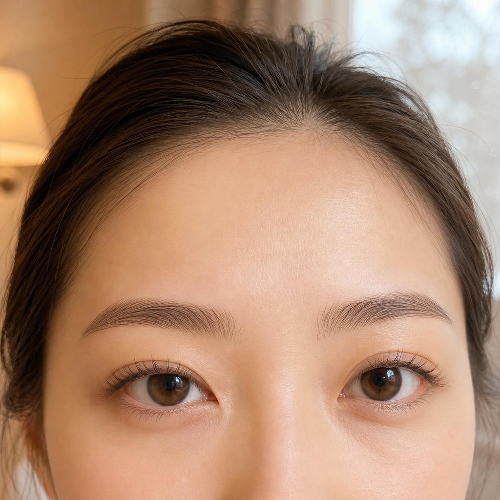 暖房の温風や加湿器のミストに左右されず、根元から自然に立ち上がったナチュラルなまつげと、すっぴんで室内にいても整って見える輪郭の眉毛のイメージ