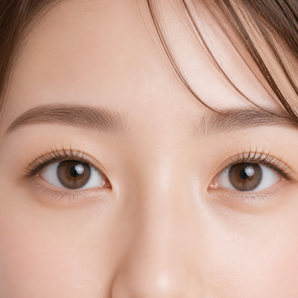 花粉症の時期でも赤みやかゆみがなくすっきりとした目元とナチュラルなまつげ・眉毛のイメージ