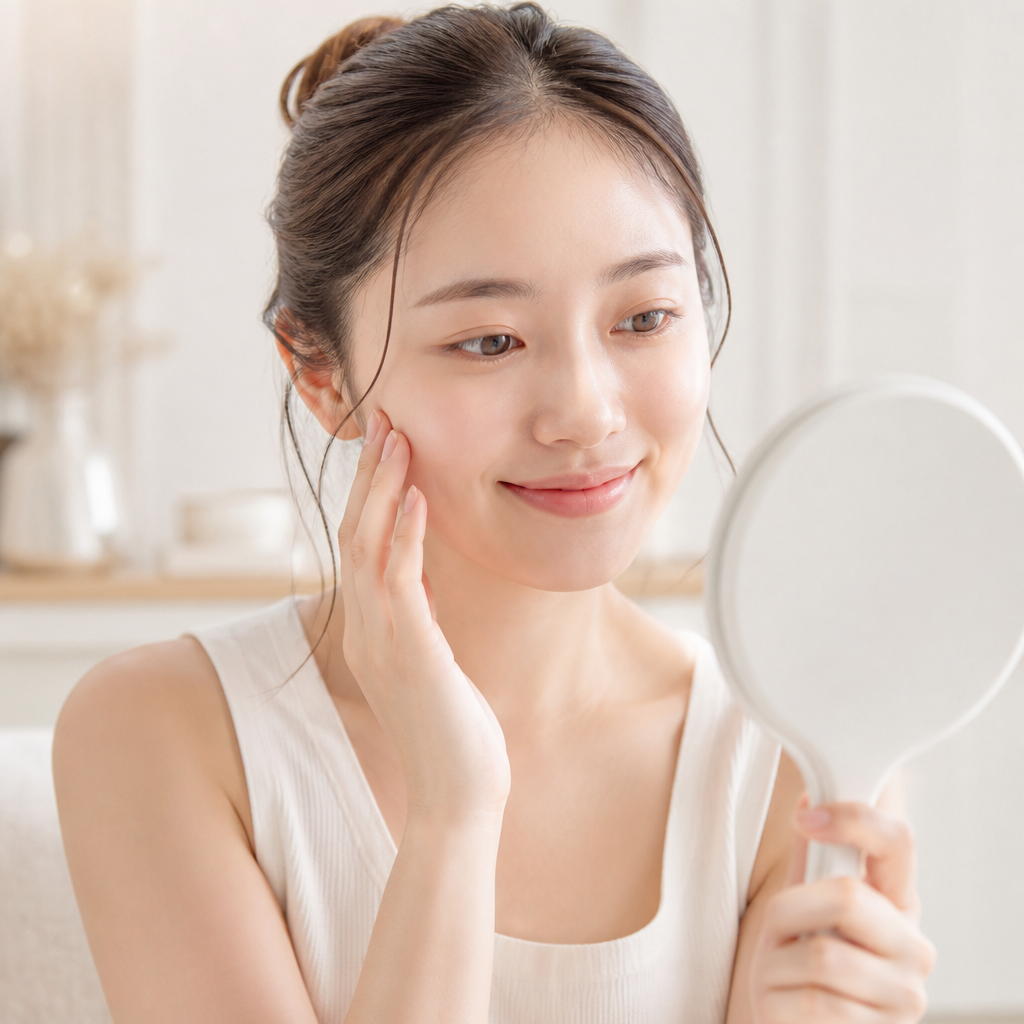 マスカラパーマ後にすっぴんで上向きになったまつげを鏡で確認する女性のイメージ