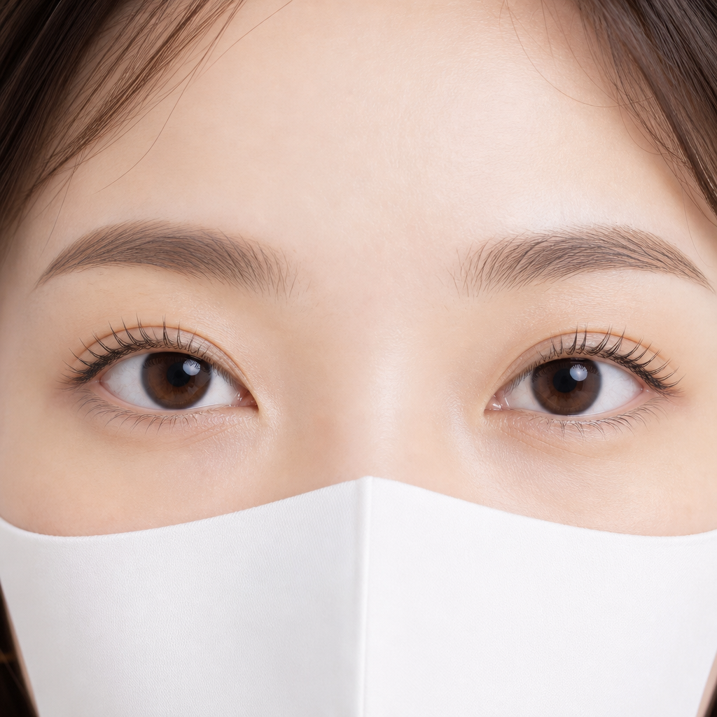 マスクの上から見えるすっきりとした目元とナチュラルなまつげ・整った眉毛のイメージ