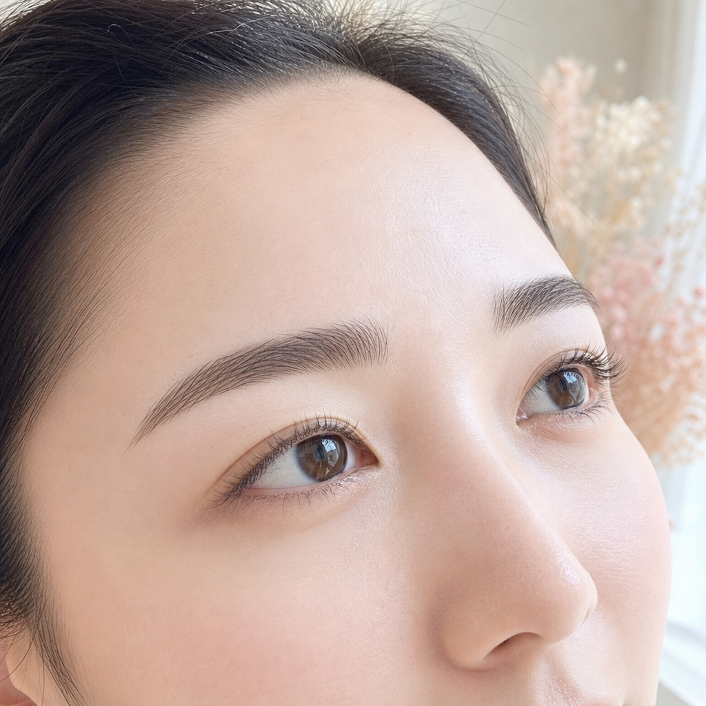 根元から自然に立ち上がったナチュラルなまつげと輪郭の整った眉毛のイメージ（次の来店タイミングを見極める目元）