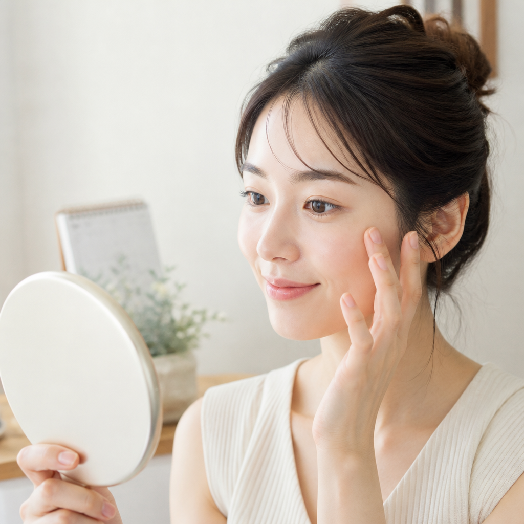 パリジェンヌラッシュリフトの持ちを鏡で確認する女性のイメージ