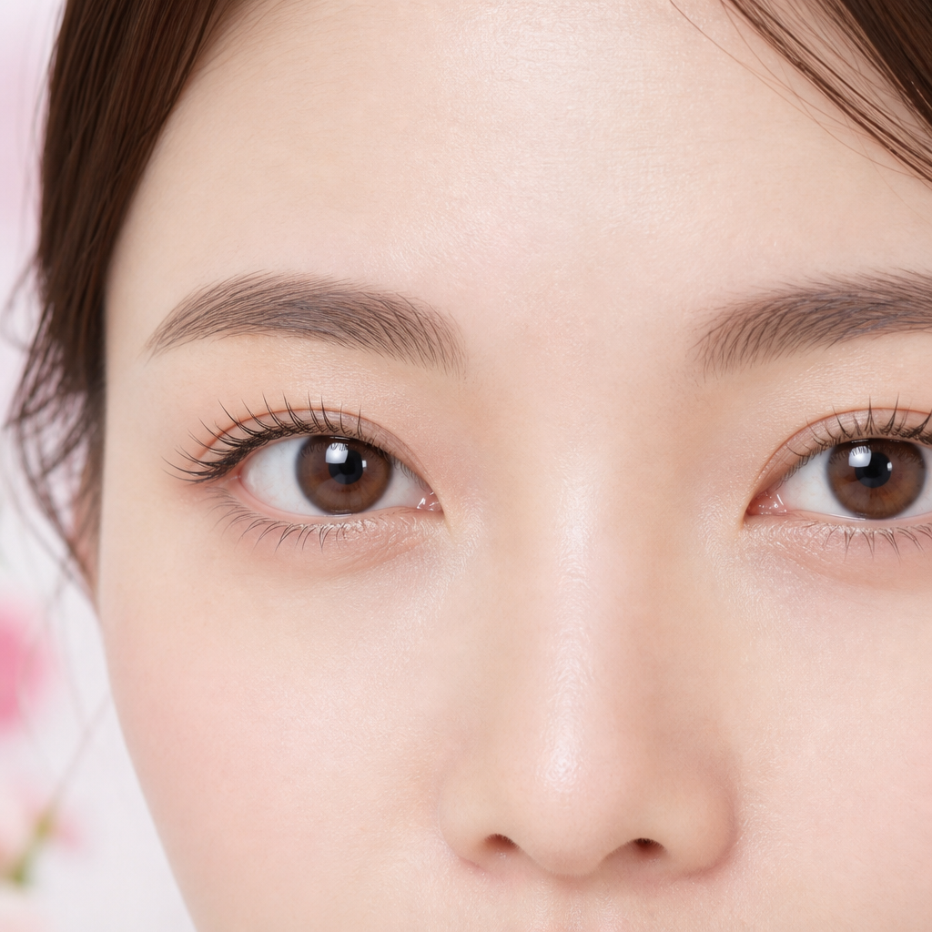 まつげパーマと眉毛WAX脱毛を同じ日に受けてまつげの立ち上がりと眉毛の形が整った目元のイメージ