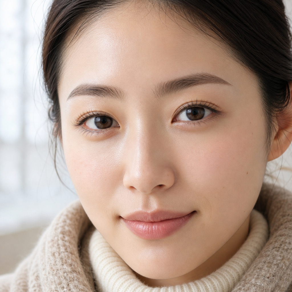 あごの下に収めたタートルネックの襟とマフラーに触れない、根元から自然に立ち上がったナチュラルなまつげと、首元が覆われても印象の中心になる輪郭の整った眉毛のイメージ