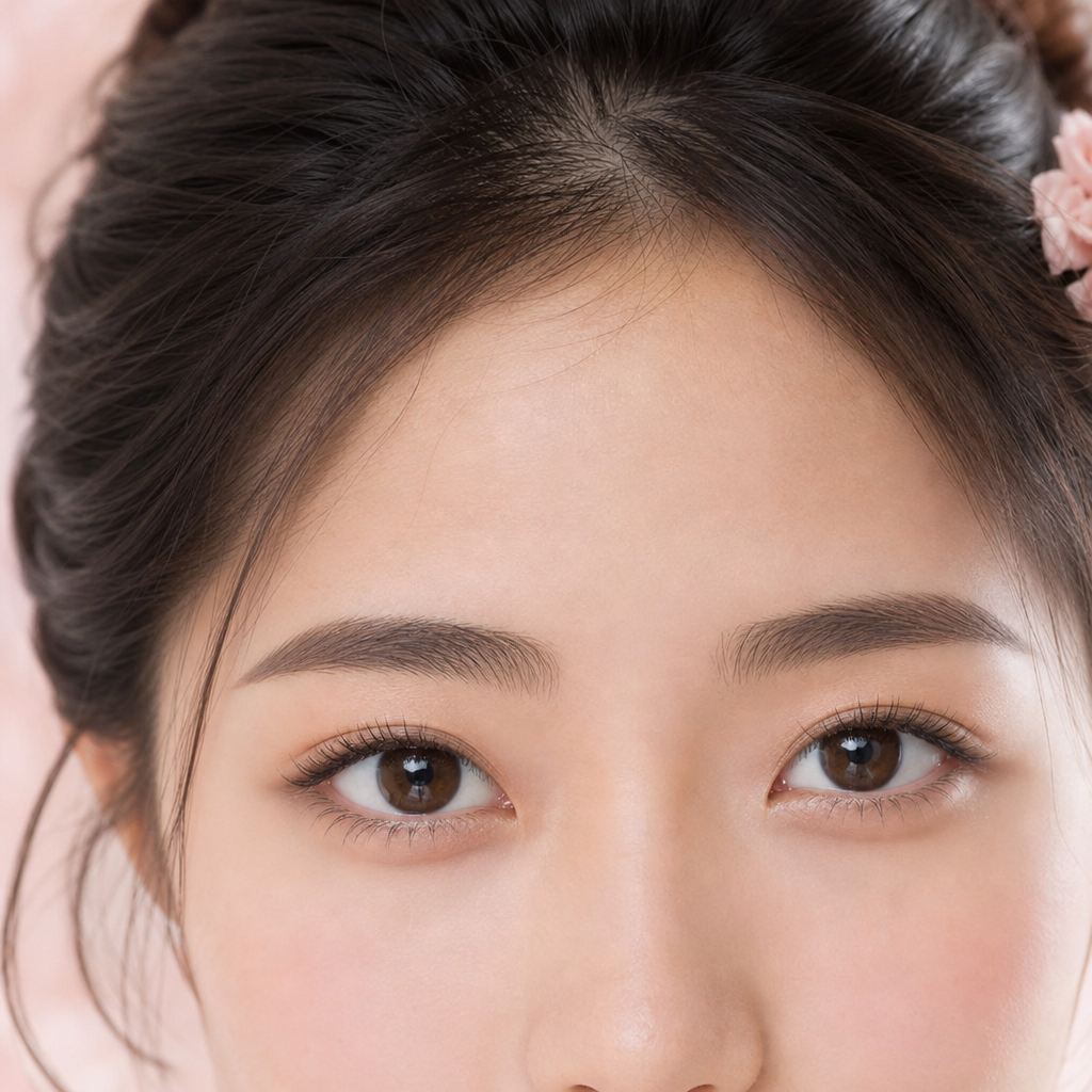 成人式の振袖に合わせて整えたナチュラルな目元のイメージ(根元からゆるやかに立ち上がったまつげと輪郭の整った眉毛)