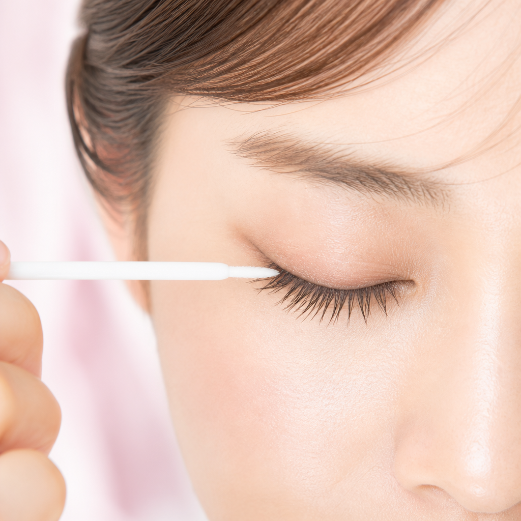 まつげ美容液をチップで上まつげの根元にやさしく塗っているイメージ