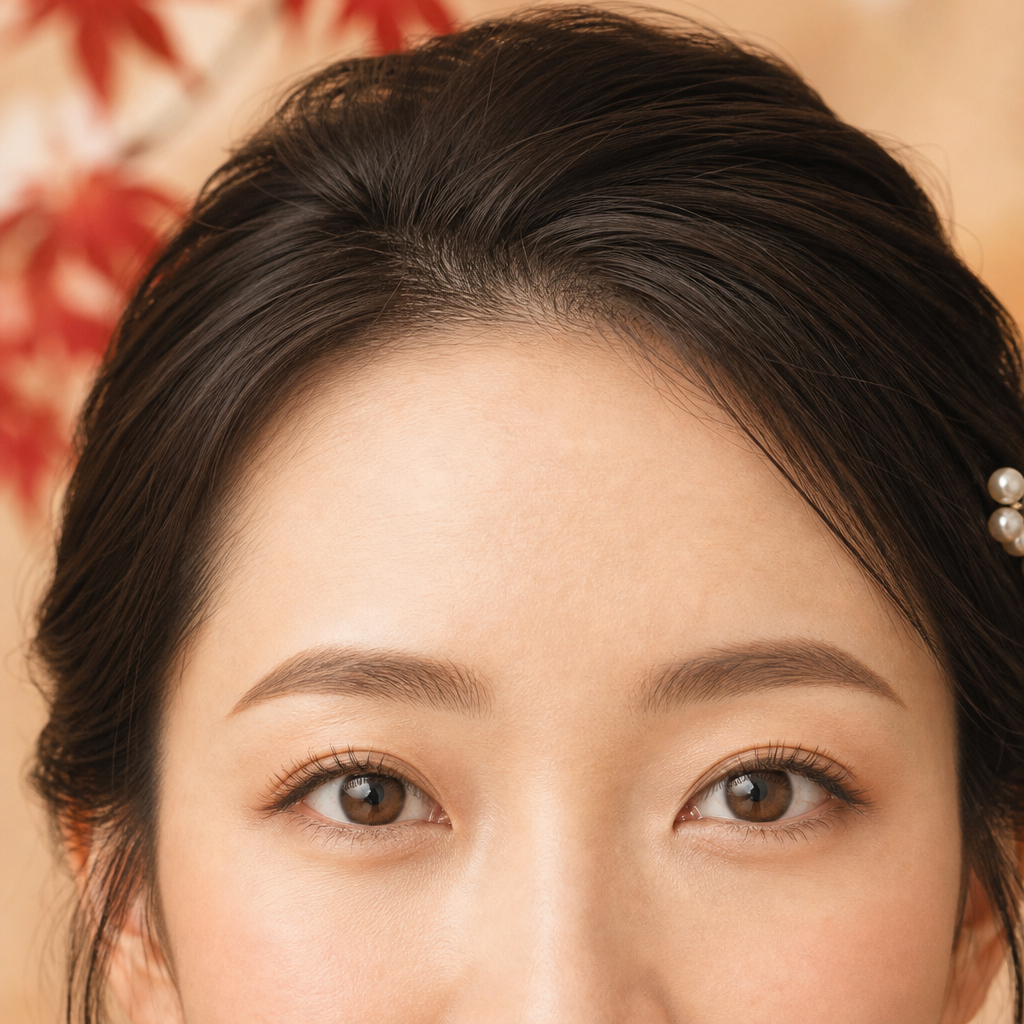 七五三・家族写真に合わせて整えたママのナチュラルな目元のイメージ（根元からゆるやかに立ち上がったまつげと輪郭の整った眉毛）