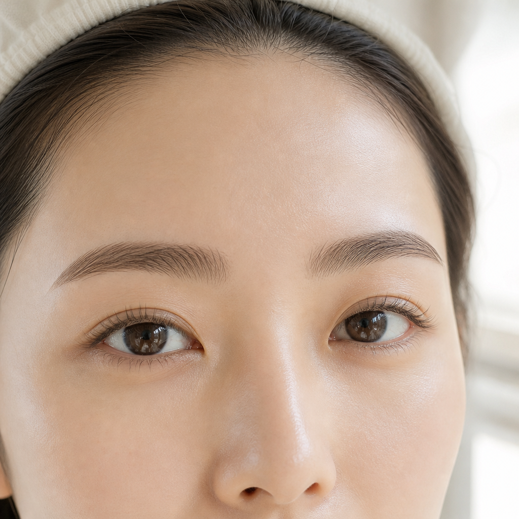 スキンケアを終えて髪をヘアバンドでまとめ、根元から自然に立ち上がったまつげと輪郭の整った眉毛が全部見えているすっぴんの目元のイメージ
