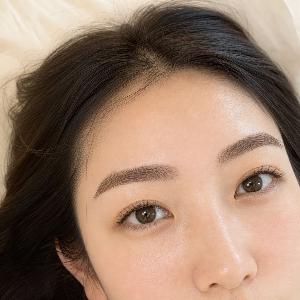 仰向けで枕に頭を預けた、根元から自然に立ち上がったナチュラルなまつげと輪郭の整った眉毛のイメージ