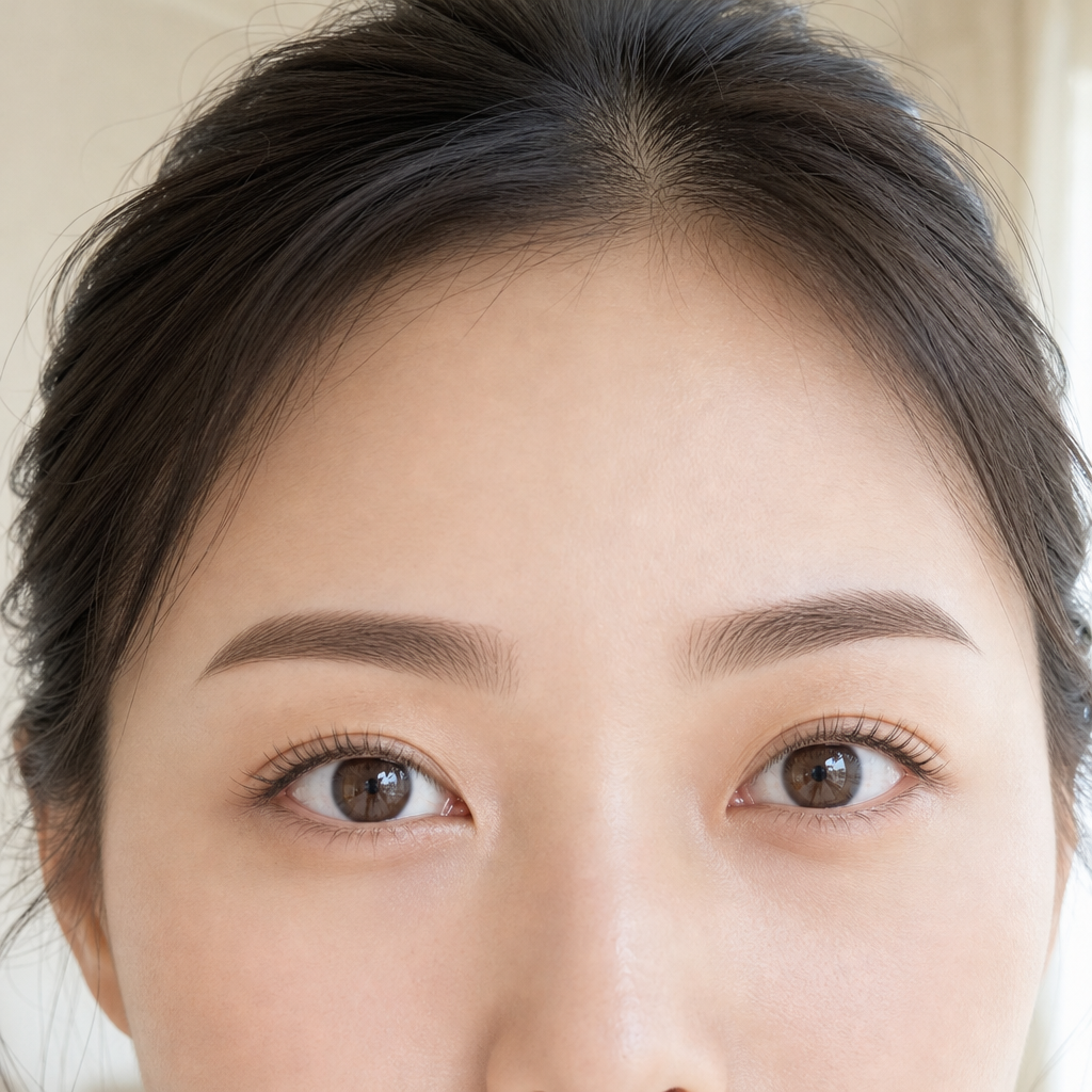 オンライン会議の画面に映っても自然で整って見える目元のイメージ（根元から立ち上がったナチュラルなまつげと輪郭の整った眉毛・窓からのやわらかい光）