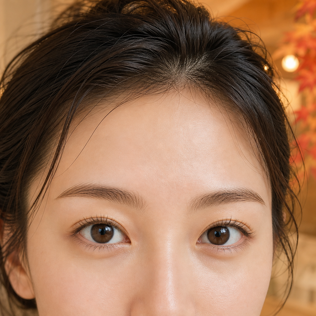 旅行・温泉に向けて整えたすっぴんでもきれいな目元のイメージ（根元から立ち上がったまつげと輪郭の整った眉毛・宿の朝のやわらかな光）